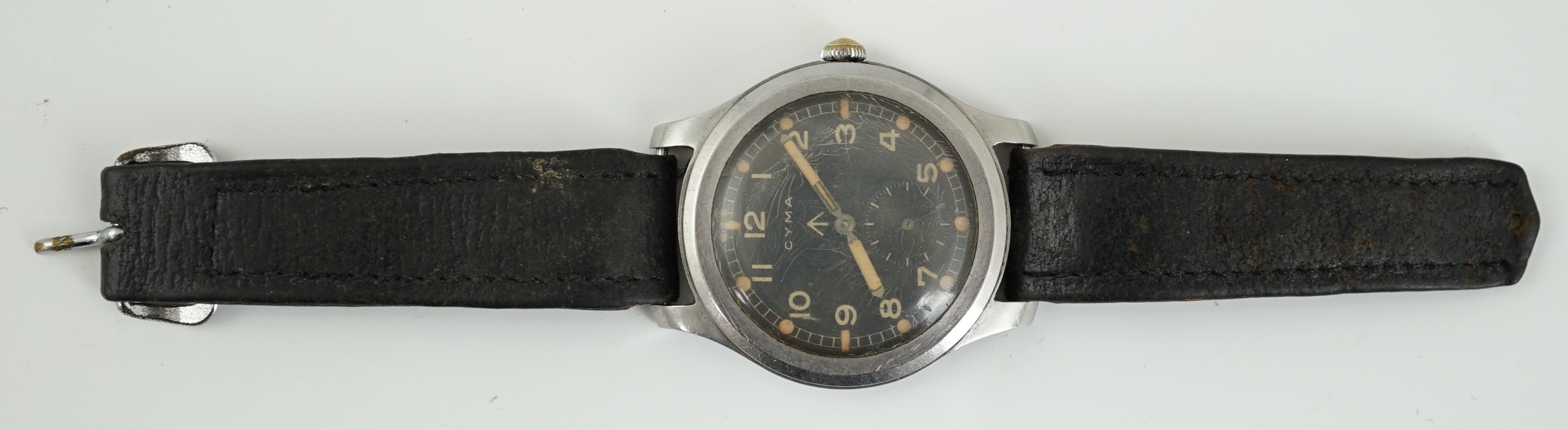A gentleman's stainless steel WWII Cyma 'Dirty Dozen' military manual wind wrist watch